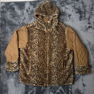 Gallery Womens Leopard Faux Fur Reversible Jacket Quilted Sleeves Size Large